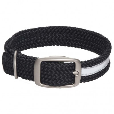 Mendota Double-Braid Collar - Black with Reflective Stripe in Brushed Nickel Hardware 1" x 24"