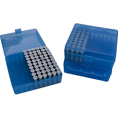 MTM Fliptop 100 Round Pistol Ammo Box 38 Special to 357 Mag - Clear Blue