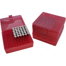 MTM Fliptop 100 Round Pistol Ammo Box 9mm, 380 ACP, new 9mm Nato - Clear Red