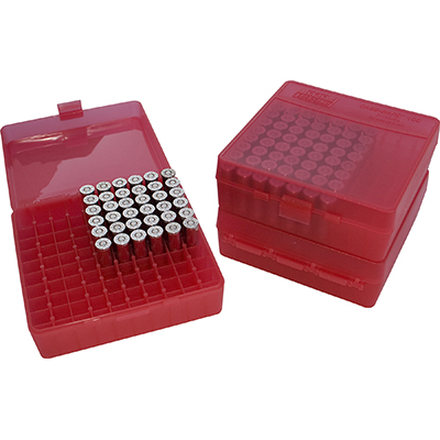 MTM Fliptop 100 Round Pistol Ammo Box 38 Special to 357 Mag - Clear Red