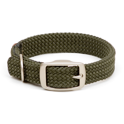 Mendota Double-Braid Junior Collar - Olive with Brushed Nickel Hardware 9/16" up to 12"